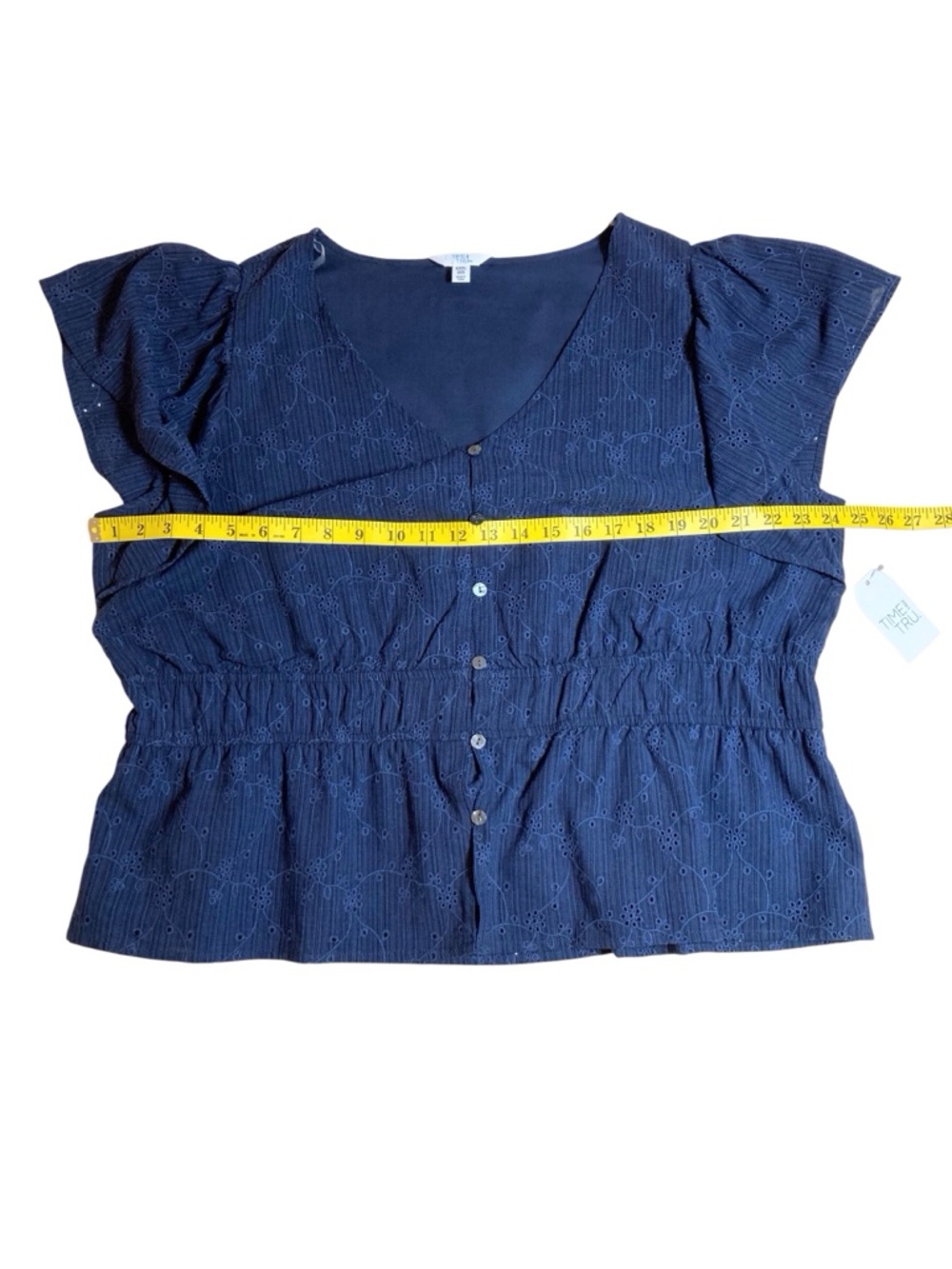 NWT Time and Tru Women’s Eyelet Flutter-Sleeve Peplum Top in Navy Size XXXL - Picture 8 of 10